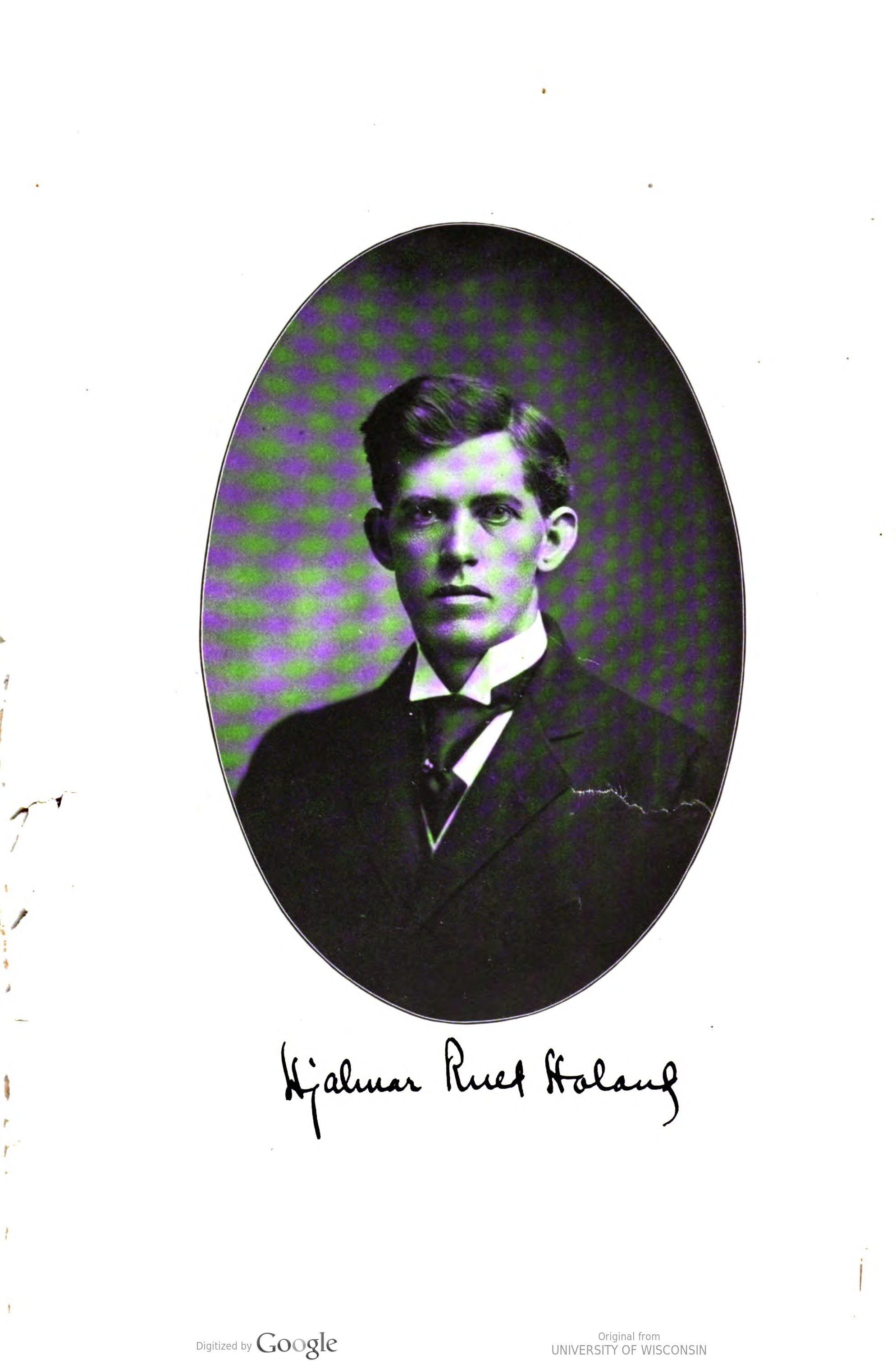 Studio portrait of Hjalmar Rued Holand in an oval mat, the original backdrop digitally replaced with a green-and-purple checkered pattern; his handwritten signature appears below.